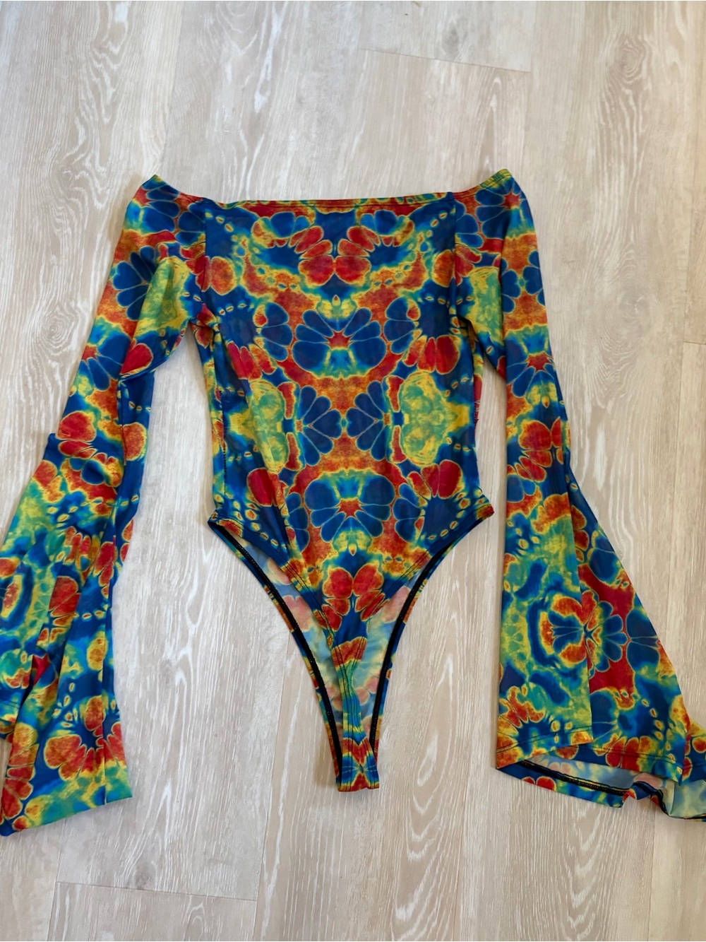 Badinka Dye Hard Trippy Bell Sleeve Off Shoulder Mesh Bodysuit